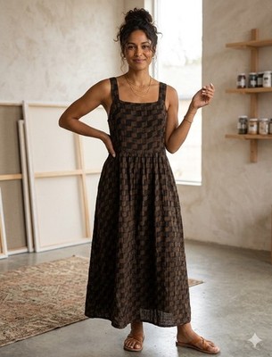 chinese dress ladies brown gingham maxi main image 1