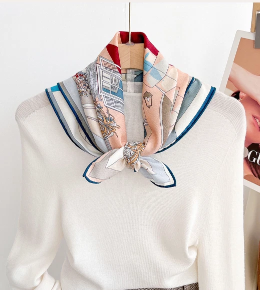70% Cashmere 30% Silk 26'' Neckerchief ship Print Shawl Scarf Bandana Wrap Women