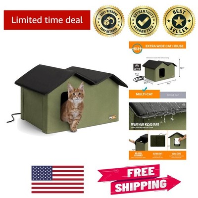 Extra-Wide Heated Cat House with 2 Escape Doors - Weatherproof Outdoor Shelter
