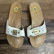 Vintage Dr Scholls The Original Exercise Sandals Wood Sole White Size 7 Italy