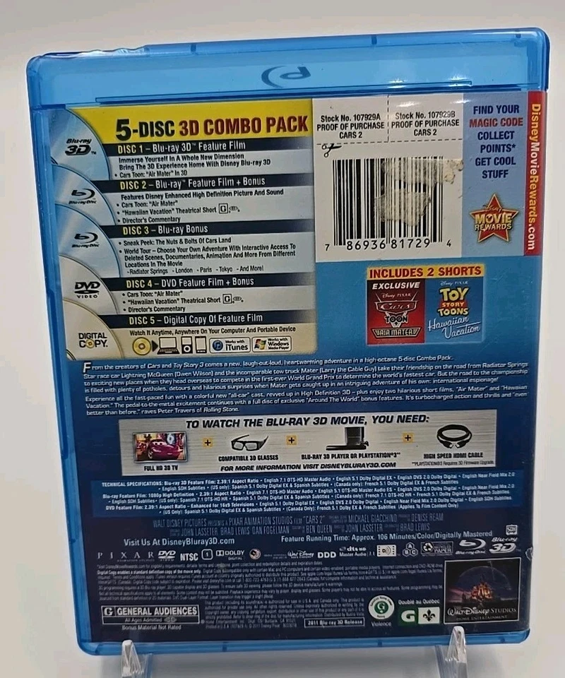 Cars 2   (3-D Blu-Ray/Blu-Ray/Bonus, DVD, Digital 2011)  Disney Pixar  (5 Discs) - Image 2 of 4