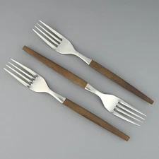 EKCO Eterna Canoe Muffin Flatware 3 Dinner Forks MCM Stainless Faux Wood Handles