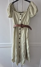 Zara Beige Light Green Linen Blend Square Neck Belted Button Dress XS