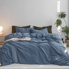 Queen Duvet Cover Set, 100% Washed Cotton Linen Twill Thick Sturdy Material S...