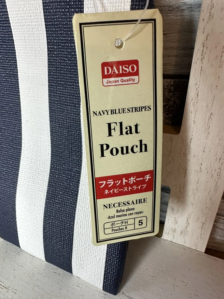 Daiso Navy White Striped Flat Pouch Purse NWT Nautical Small Travel Makeup Bag - Image 2 of 4