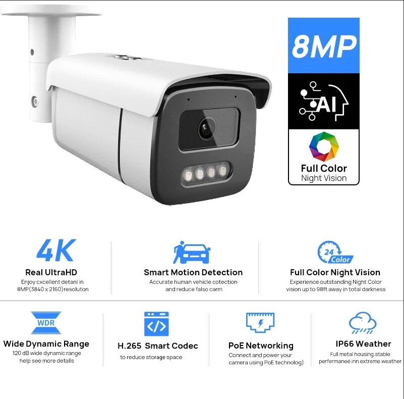 Hikvision Compatible CCTV Bullet POE Full Color Mic 4K 8MP IP Camera Security UK - Image 3 of 4