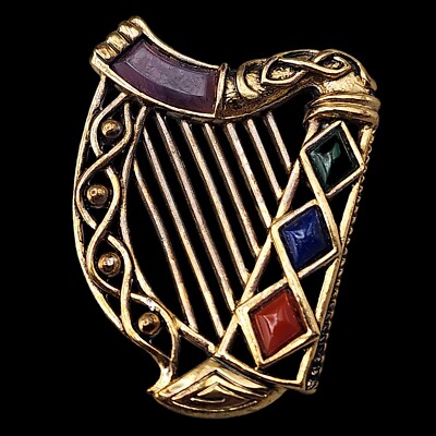 Vtg Sol D or Celtic Harp Brooch Ornate Gold Tone Antiqued Miracle Kilt Pin Read