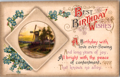 Vintage Postcard Birthday Windmill Scene Blue Forget Me Nots Framed Greeting