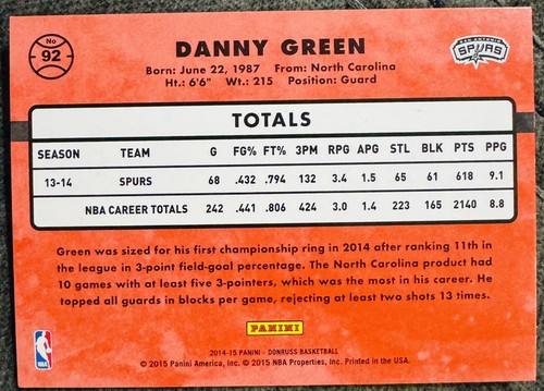 Danny Green 2014-15 Panini Donruss #92 Career Stat Line /223 San Antonio Spurs - Picture 2 of 2