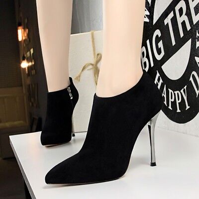 UK Women Suede Pointy Toe Stiletto Pumps Zipper Slim High Heel Ankle Boots Party 