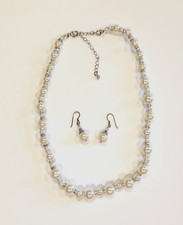 Faux Pearl Silver Tone Necklace Set with Pierced Earrings Unsigned NEW NO TAGS