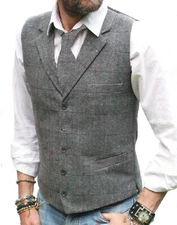 Mens Wool Blend Tweed Grey Gray Tailored Fit Lapel Collar Waistcoat Vest Gilet