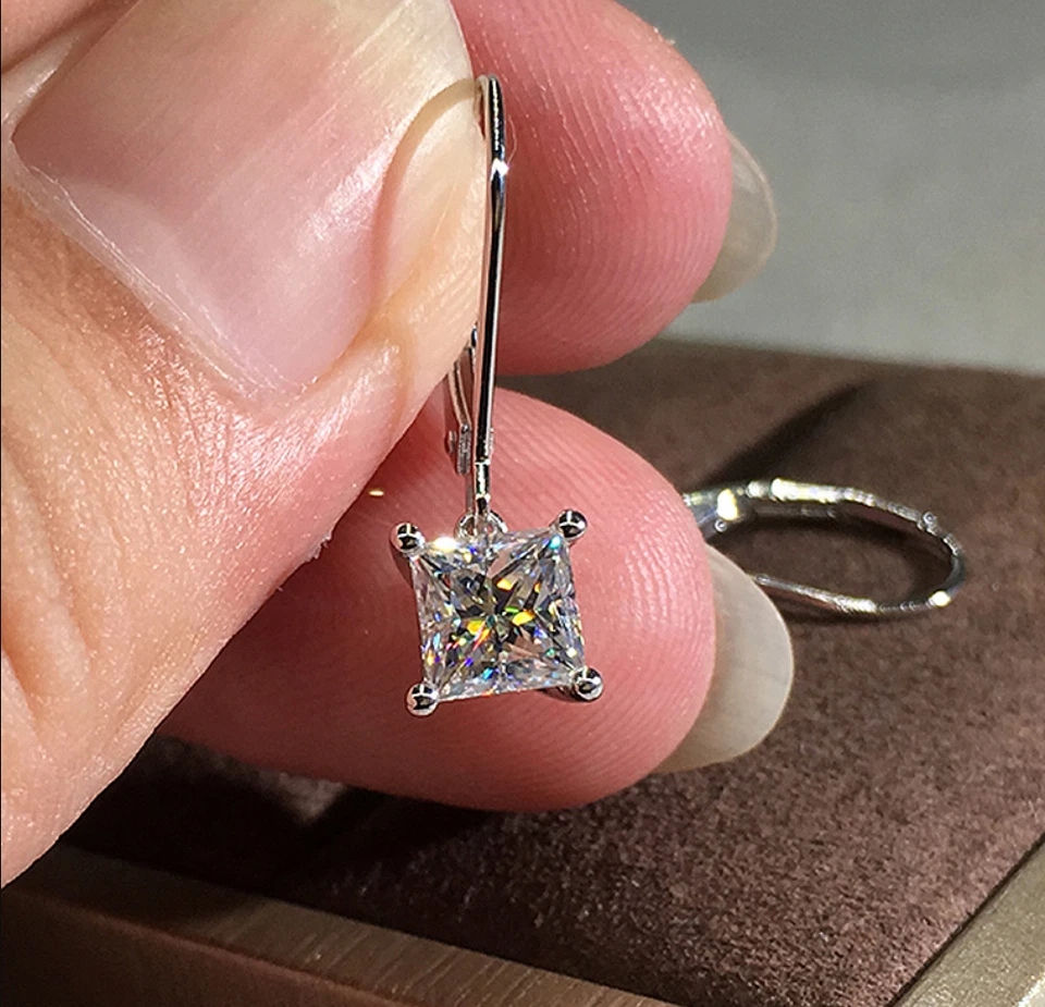 4 CT Solitaire Princess Cut Moissanite Dangle/Drop Earrings 925 Sterling Silver - Image 3 of 4