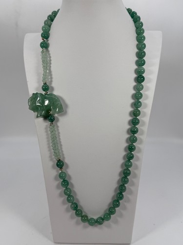 Vintage Green Jade Necklace w/ Carved Jade Elephant Estate Find - Picture 2 of 7