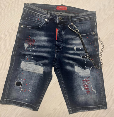Dsquared2 Damenshorts Größe 29 blau Denim Farbspritzern abgenutzt 10'' Schrittlänge