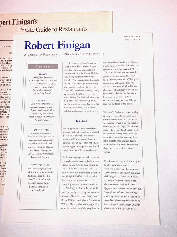 • ROBERT FINIGAN'S 1985 & 1998 GUIDE TO WINES, RESTAURANTS & DESTINATIONS •