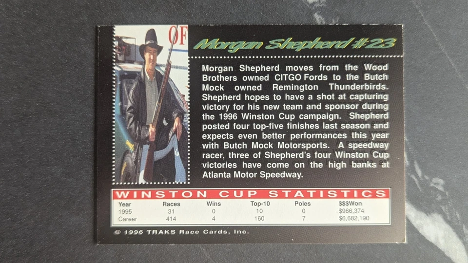 1996 Traks Review & Preview #23 Morgan Shepherd NASCAR Racing Card - Image 2 of 2