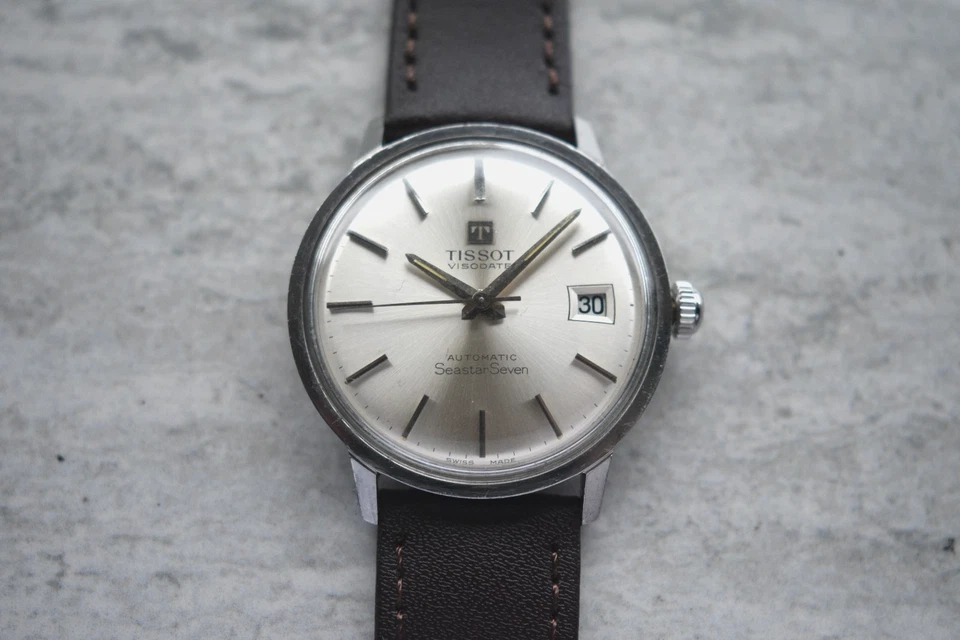 1960s Vintage Tissot Seastar Seven Visodate Automatic Silver Dial Leather Watch - image 4 of 4