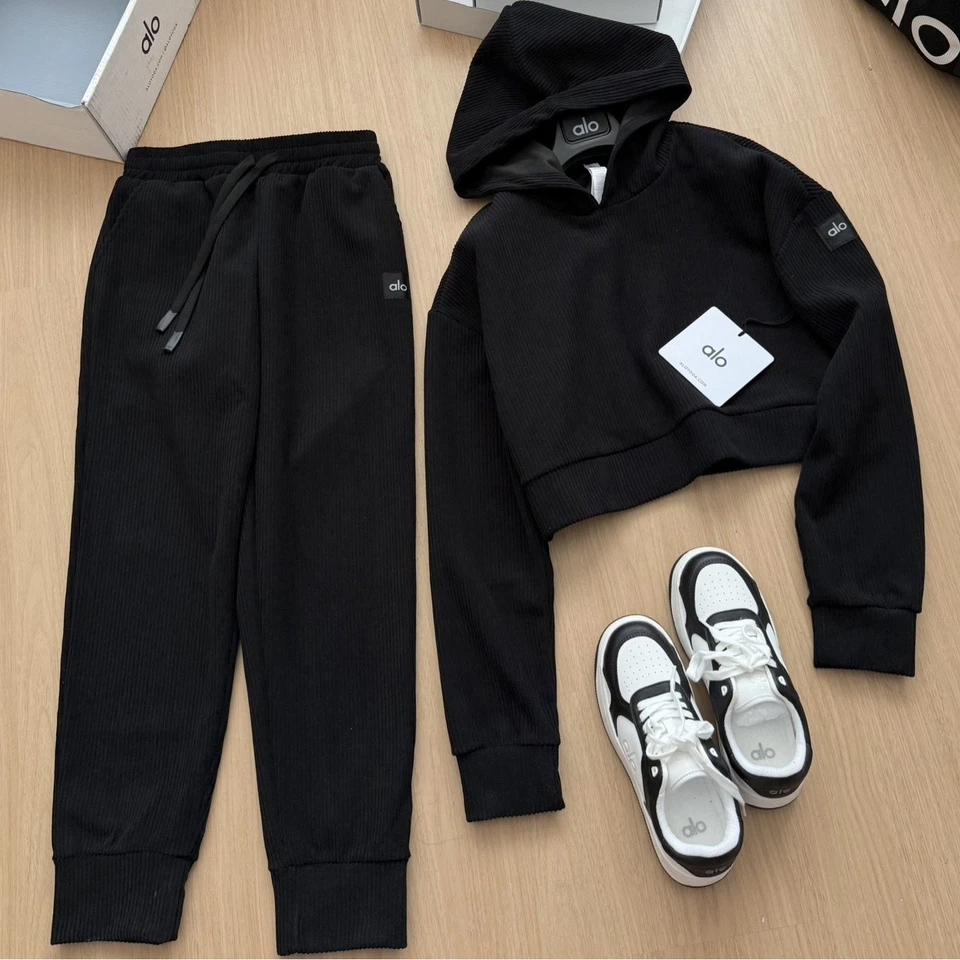 2025 Nuevo Conjunto Deportivo Alo Para Mujer Pana Suéter Corto con Capucha + Leggings Foto 3 de 4