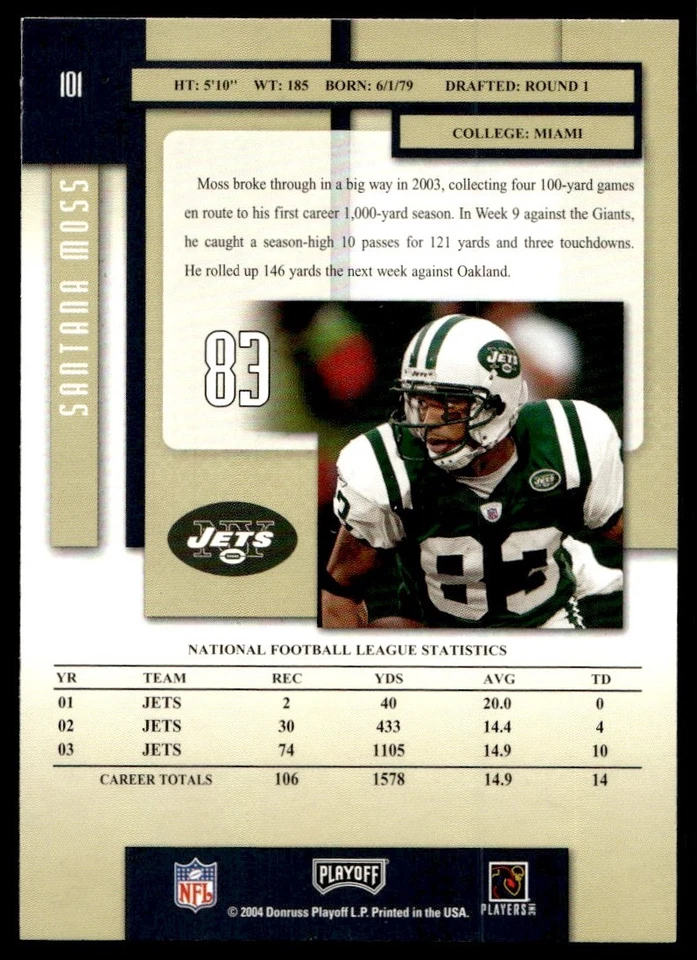 2004 Playoff Prestige Santana Moss New York Jets #101 - Image 2 of 2
