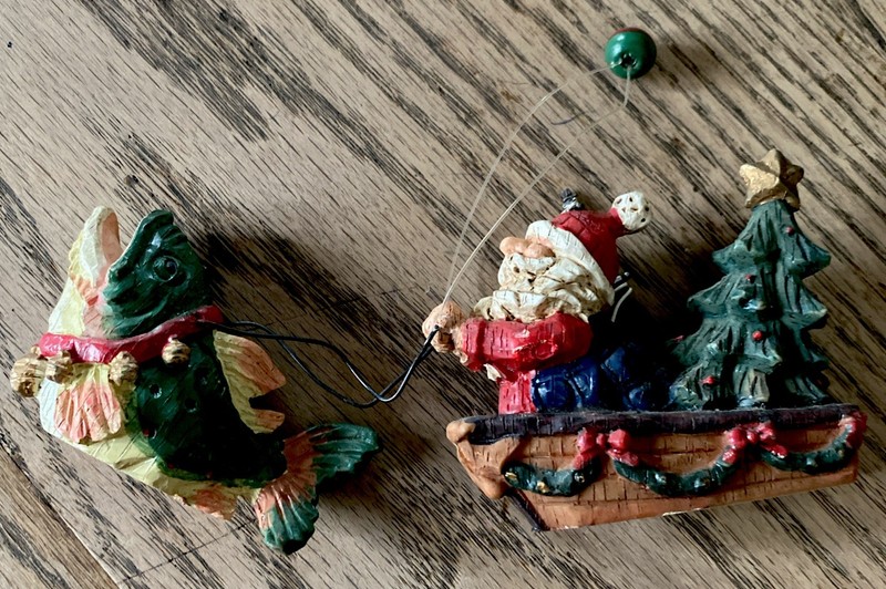 Vintage FISHING SANTA in Canoe Being Pulled By Reindeer Fish Christmas Ornament