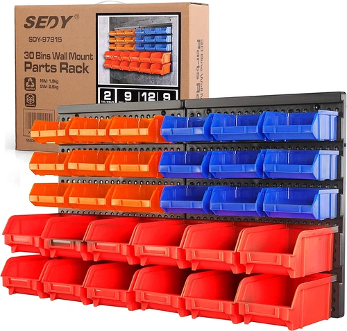 30-Bin Wall-Mounted Storage Rack System - Heavy-Duty Garage Tool Organizer for S