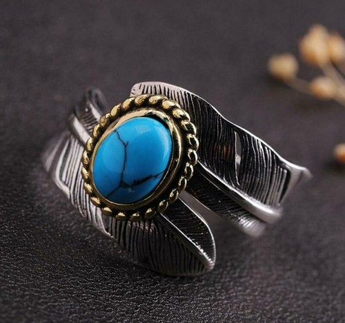 925 Sterling Silver &Brass Feather Synthetic Turquoise Adjustable Ring Men A3269 - Picture 2 of 7