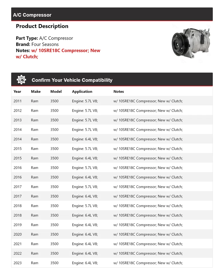 Compresor de aire acondicionado Ram 3500 2011-2023 4 estaciones 2012 2013 2014 2015 2016 2017 Foto 2 de 4
