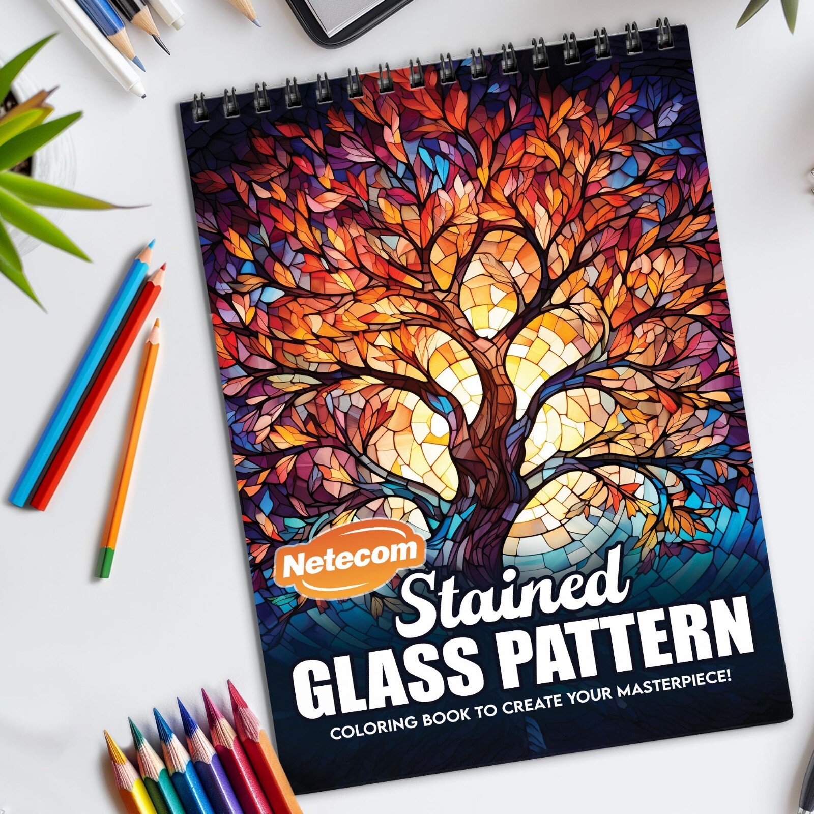 Stained Glass Pattern Spiral Bound Coloring Book, Art Enthusiasts and Crafters