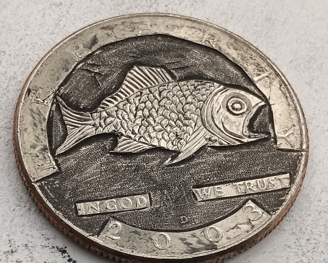 The Fish Hand Carved Into A Half Dollar Hobo Nickel