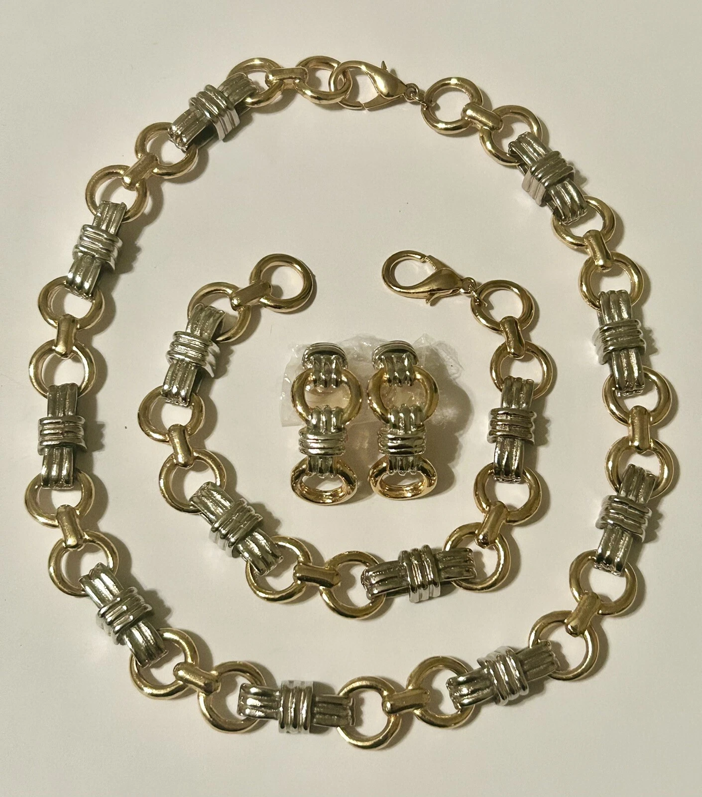 Ensemble collier bracelet boucles d'oreilles clips vintage Paolo Gucci ton argent et or