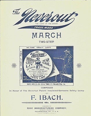 Antique Bicycle Lamp The NEVEROUT March 1897 Lamp Advertising IBACH Sheet Music!