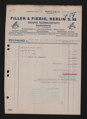 BERLIN, Rechnung 1925, Filler & Fiebig Bahr's Normograph Schriftschablonen
