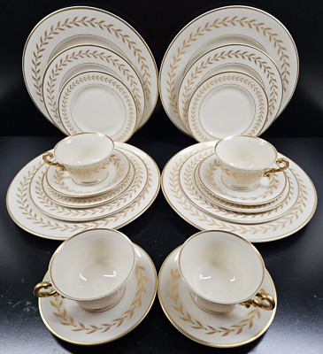 4) Syracuse China Jefferson 5 Pc Place Settings Vintage Gold 4) Syracuse China Jefferson 5 Pc Place Settings Vintage Gold