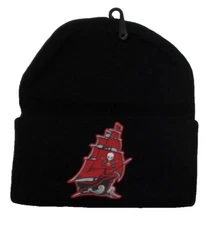 Tampa Bay Buccaneers flat applique logo on a Black beanie  cap hat. See details