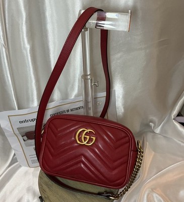 Authentic Gucci  GG Marmont 2.0 Red Leather Chevron Camera Crossbody w COA