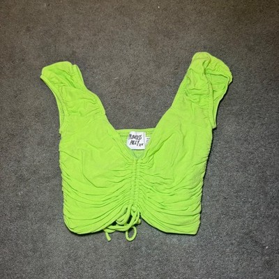 Princess Polly Lime Green Ruched Drawstring Crop Top Neon Smocked Back Size 2