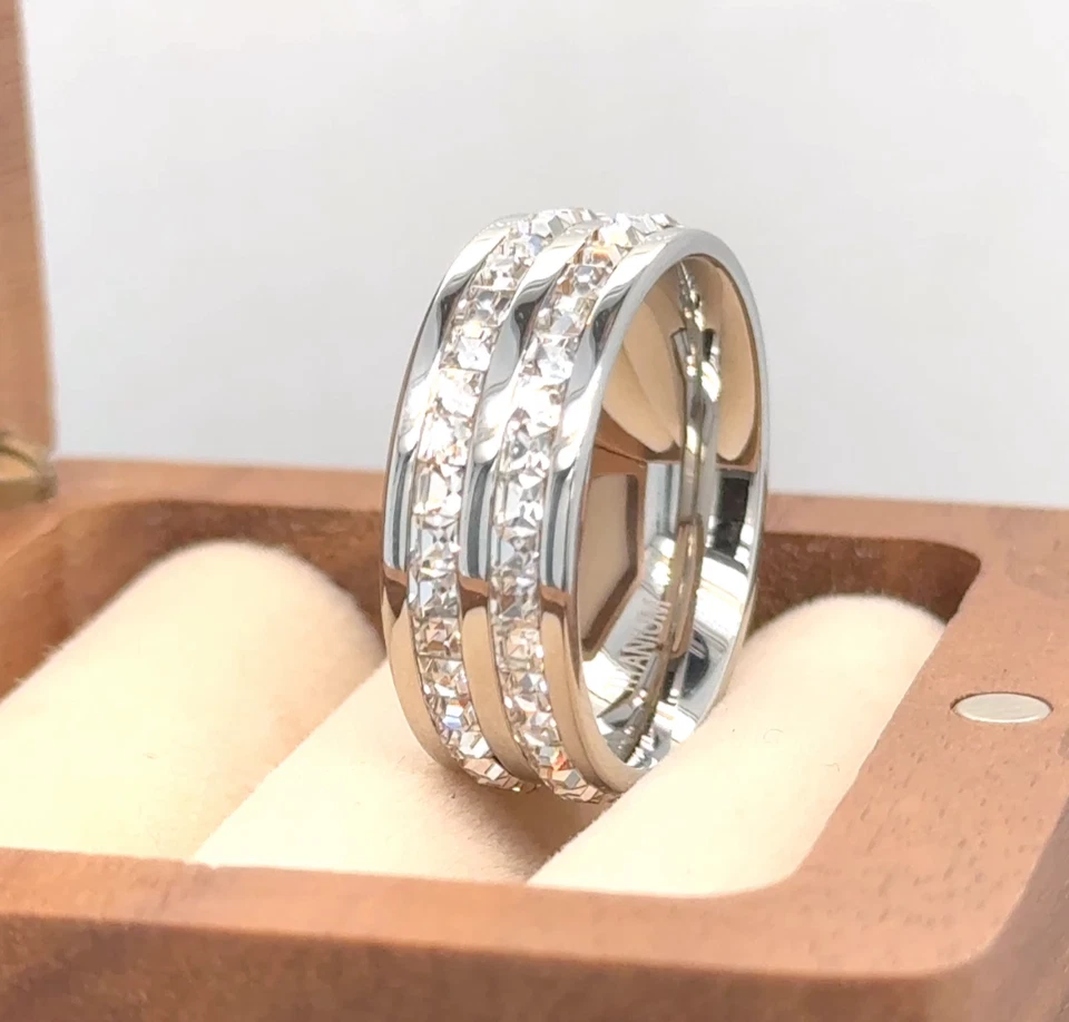 Woman November Gift Ring CZ Inlay Eternity Ring 8mm Silver Titanium Wedding Band - Image 3 of 4