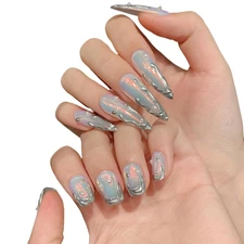 Short Square Press on Nails 3D Flower False Nails with Designs, Glitter Fake Nai