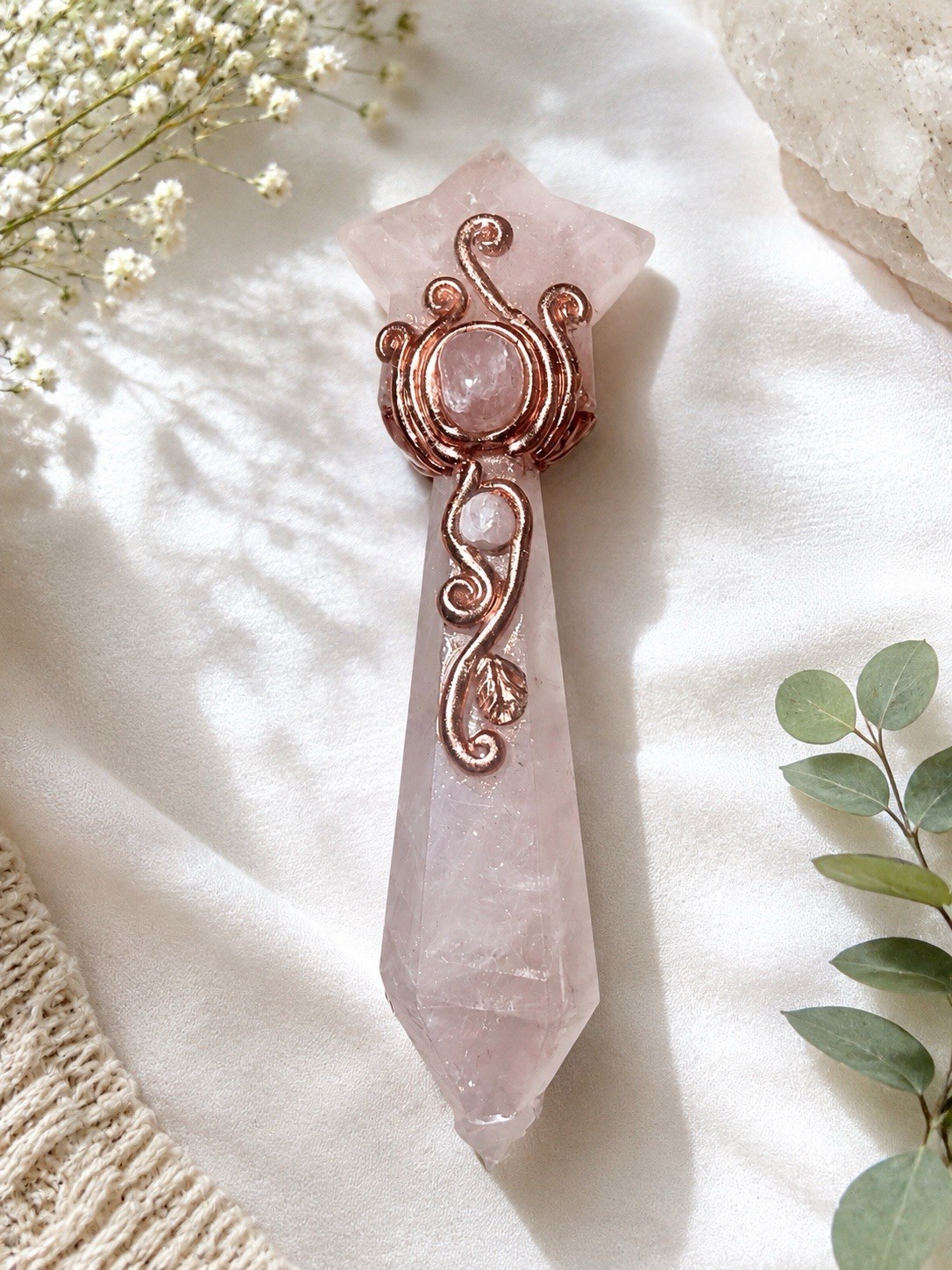 Handcrafted Rose Quartz Point Wire Wrapped Copper Pendant Charm, Healing