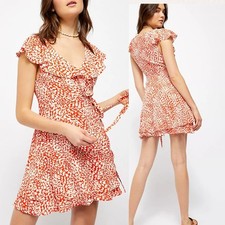 Free People French Quarter mini wrap dress, Small Orange White Animal Print boho