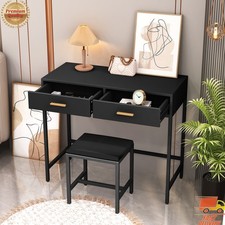 Steel Frame Dressing Table Black Vanity Makeup Desk w/ 2 Drawers and Stool