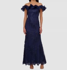 Adrianna Papell Women's Blue Ruffled Embroidered Mermaid Gown Dress Size 10