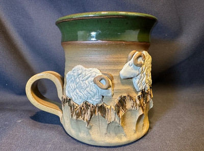 Hand Crafted Glazed Art Pottery Two Mountain Sheep Coffee Cup Mug