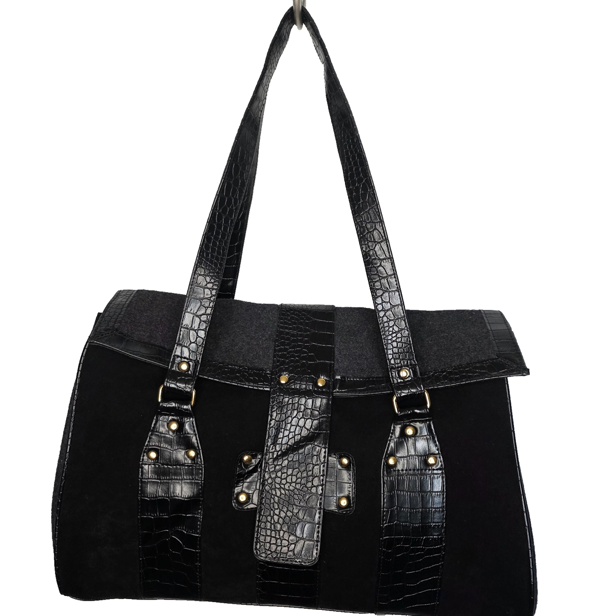 Black Croc Embossed Large Shoulder Bag Faux Suede Felt Work Tote Purse  Satchel