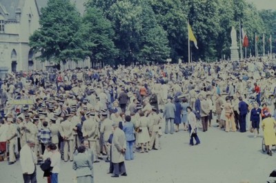 c1970's Ektachrome 35mm Slide, Lourdes Gendarmerie, Pilgrimage Crowd monument