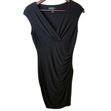 SALE Lauren Ralph Lauren Black Wrapped Ruched V-Neck Sheath Dress Size 8