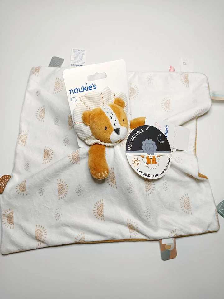 Doudou Plat/Mouchoir Babou & Kendi Lion Blanc Beige Réversible Jour Nuit Noukies - Photo 2/4