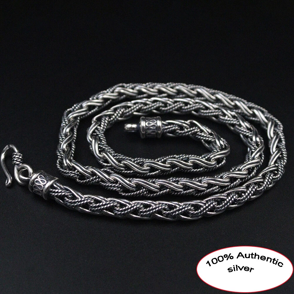 Real 925 Sterling Silver Necklace 7mm Vintage Weave Wheat Link Chain 21.6inch L