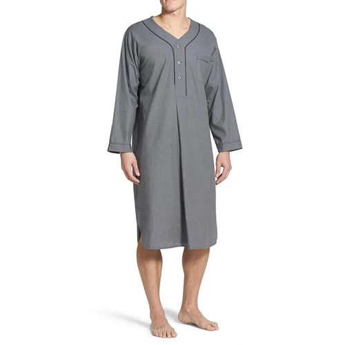 Herren Baumwolle Nachthemd Langarm Locker Lang Schlafshirt Pyjama Nachtwäsche Kleid - Bild 10 von 41